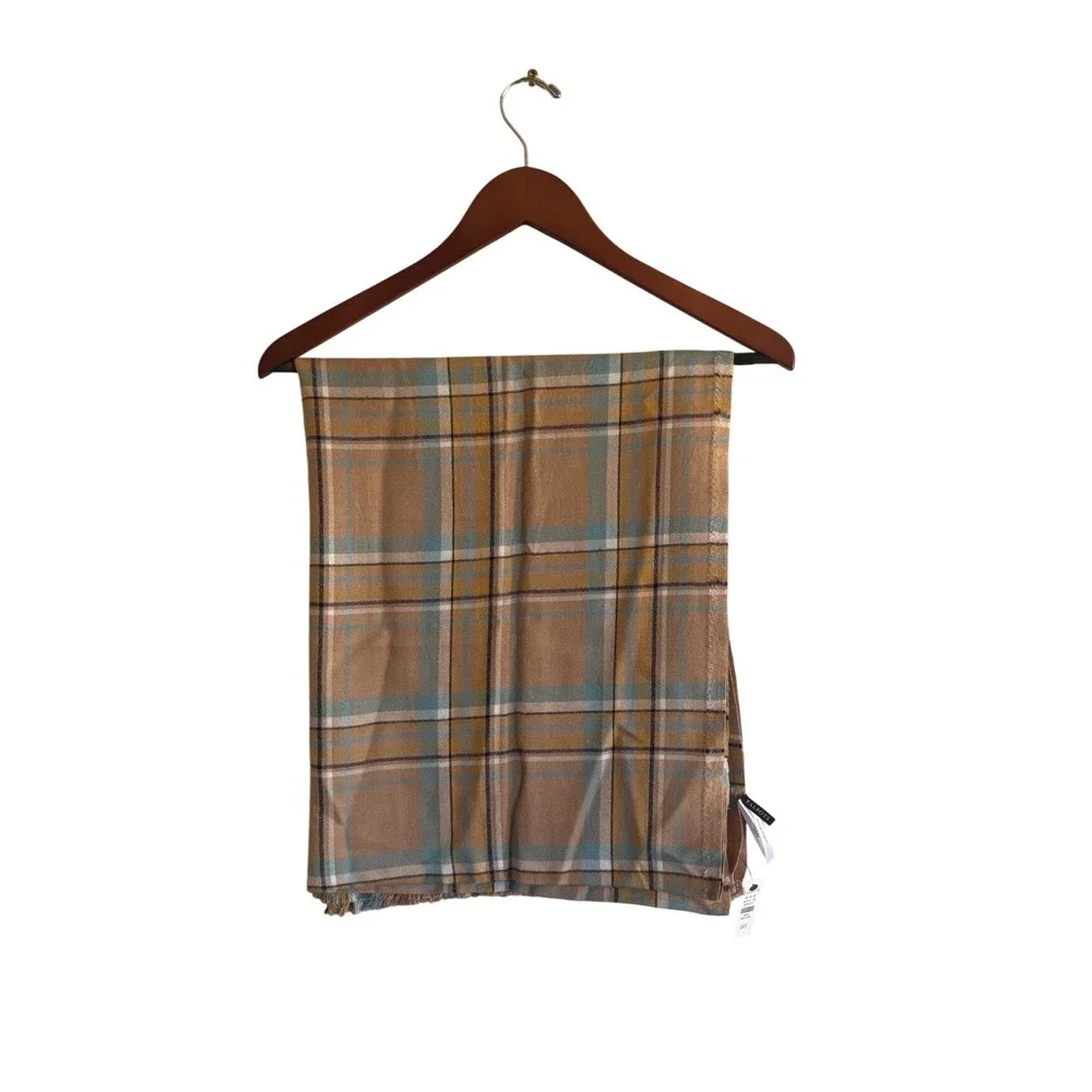Talbots Womens Plaid Scarf Camel‎ Blue Yellow Rayon Cotton Frayed Edge NWT